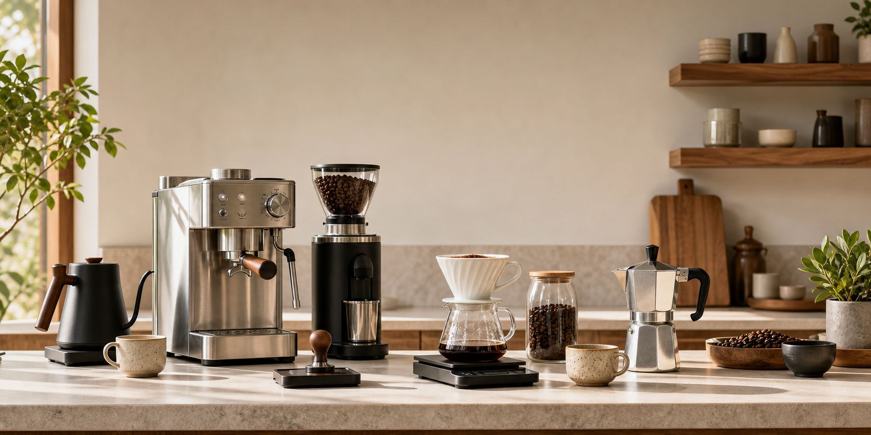 Premium Kaffee Setup mit Espressomaschine, Mühle und Pour Over Station